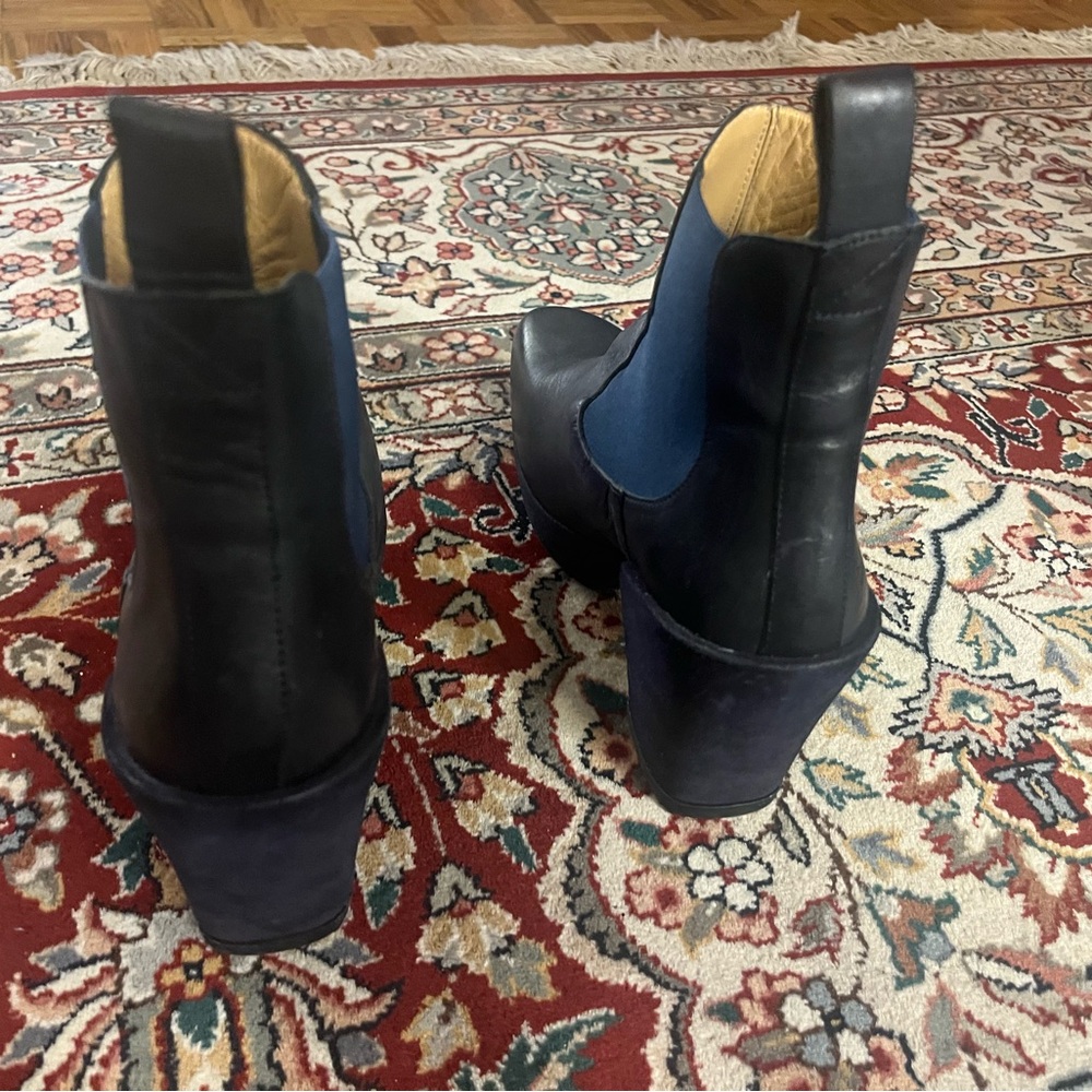 John Fluevog Black and Blue Heeled Boots